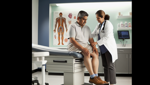 Un paciente hispano de mediana edad sentado en una camilla en un consultorio médico moderno. Una doctora caucásica examina atentamente el pie del paciente, ilustrando una evaluación clínica de neuropatía periférica. En la pared, se observa un diagrama del sistema nervioso humano.