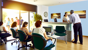 Modern medical clinic in Spain featuring a well-organized reception area with diverse patients waiting. A Spanish receptionist efficiently manages appointments on a computer. In the background, a physician consults with a patient in a private room visible through glass. The bright and welcoming environment reflects a commitment to resource optimization, effective task allocation, and patient flow improvement.
