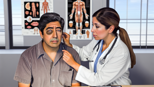Middle-aged Hispanic patient with asymmetric facial weakness during a medical consultation. The Hispanic doctor is carefully examining the patient, focusing on the differential diagnosis of Bell's palsy versus stroke. The clinical setting features anatomical diagrams and medical tools, highlighting the importance of a thorough neurological examination of cranial nerves.