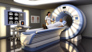 Sala de hospital moderna con un escáner PET-CT en el centro. Un paciente hispano de mediana edad está acostado en la camilla del escáner, listo para el procedimiento. Una técnica hispana le explica el proceso con una sonrisa. La habitación está bien iluminada, transmitiendo una atmósfera calmada y profesional. En el fondo, se ven gráficos médicos y un monitor con una imagen 3D de un tumor, destacando la tecnología avanzada para la detección temprana de tumores.