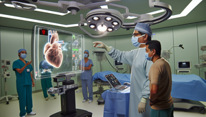 Un quirófano moderno con un cirujano hispano de unos 40 años interactuando con una pantalla digital transparente que muestra un modelo holográfico 3D de un órgano humano. El cirujano utiliza gestos manuales para manipular el holograma, demostrando el uso de tecnología de realidad aumentada en la planificación quirúrgica. Al fondo, un equipo diverso de profesionales médicos observa y asiste, destacando la innovación y precisión en la planificación preoperatoria.