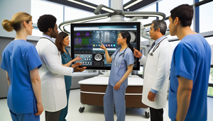 Un grupo diverso de profesionales de la salud, incluidos médicos y enfermeras, se reúne alrededor de una pantalla digital grande que muestra un sistema integrado de historia clínica electrónica. La interfaz es detallada y colorida, mostrando datos de pacientes, gráficos y herramientas de diagnóstico. El equipo discute colaborativamente, señalando la pantalla y tomando notas, en un entorno hospitalario moderno y bien iluminado. La imagen destaca la innovación y el trabajo en equipo, con un enfoque en la interoperabilidad y el diagnóstico compartido.