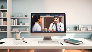 Oficina médica moderna con pantalla de computadora mostrando una consulta virtual. Un médico hispano de mediana edad, con bata blanca y estetoscopio, habla con una paciente joven hispana. El entorno es profesional y acogedor, destacando la tecnología avanzada y la conectividad en teleasistencia y exámenes virtuales.