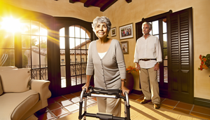A bright living room in a Spanish-style home, where an elderly Hispanic woman carefully uses a walker while a middle-aged man observes her with a supportive smile. The room is organized to prevent falls, featuring a clear pathway and non-slip rugs, emphasizing the importance of safety and family support in fall prevention, risk assessment, and post-fall care for the elderly.