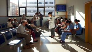 Hospital waiting room in Spain with diverse patients awaiting their turn. A Spanish doctor in a white coat converses with a Hispanic nurse in a blue uniform. The atmosphere is calm and organized, reflecting an efficient medical triage system that enhances patient prioritization and consultation efficiency in urgent and emergency care.