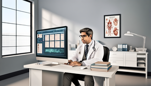 Un médico hispano de unos 40 años, con bata blanca y gafas, está sentado en un escritorio de una oficina moderna de hospital. Observa atentamente una pantalla de computadora que muestra informes médicos y algoritmos de procesamiento de lenguaje natural. La escena refleja un entorno profesional y tranquilo, destacando la integración de la tecnología en el diagnóstico médico.