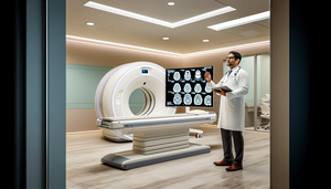 Modern radiology room featuring an advanced CT scanner at the center. A Hispanic radiologist in a white coat examines a monitor displaying a detailed 3D image of a human brain, emphasizing the role of AI analysis in enhancing diagnostic accuracy. A colleague attentively takes notes on a digital tablet, illustrating a collaborative and technology-driven environment in CT workflows and medical big data analysis.