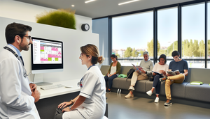 Modern medical office in Spain featuring a professional and friendly atmosphere. A Hispanic doctor and a European nurse, both in white coats, discuss a digital appointment scheduling system displayed on a computer screen showcasing a colorful and organized medical agenda. In the background, a waiting room filled with patients of various ages and ethnicities. Natural light and plants create a calm and efficient environment, emphasizing the reduction of wait time for consultation slots.