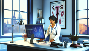 Doctora hispana de mediana edad en su oficina médica revisando en la computadora datos sobre el pronóstico y la supervivencia del cáncer de endometrio. Lleva una bata blanca y un estetoscopio, y en el fondo se observa un póster del sistema reproductivo femenino. La escena transmite profesionalismo y dedicación en oncología ginecológica.