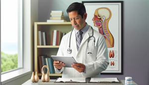 Un médico hispano de mediana edad, con bata blanca y estetoscopio, revisa atentamente un expediente médico en una tablet en un consultorio. En el fondo, un diagrama anatómico del cuello humano destaca las glándulas paratiroides. En el escritorio, hay libros médicos y un modelo de las glándulas tiroides y paratiroides, creando un ambiente de experiencia y cuidado.