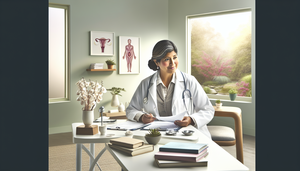 Consultorio médico sereno con iluminación natural. En primer plano, una doctora de ascendencia hispana revisa un expediente médico, con libros de medicina y un modelo del sistema reproductivo femenino en el escritorio, indicando un enfoque en la salud ginecológica. Al fondo, una ventana muestra un jardín, simbolizando esperanza y vida.