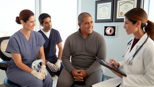 Paciente hispano de mediana edad en consulta médica moderna, conversando con un equipo de salud diverso sobre el tratamiento del cáncer oral. La oncóloga muestra un modelo 3D de la cavidad oral en una tableta, mientras el cirujano explica el plan de tratamiento. La enfermera toma notas. El ambiente es profesional y acogedor, destacando un enfoque multidisciplinario optimista.
