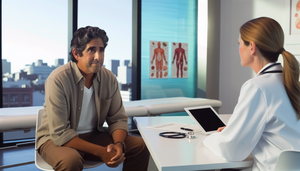 Paciente hispano de mediana edad en consulta médica moderna, conversando con doctora caucásica sobre leucemia mieloide crónica. Ambos están enfocados en un pronóstico esperanzador, con gráficos médicos y un modelo celular en la mesa. La escena refleja un ambiente profesional y empático.