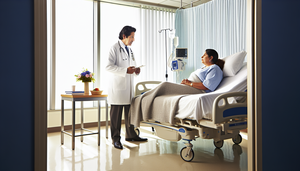Un médico hispano de mediana edad, con bata blanca y estetoscopio, explica con calma a una paciente hispana en una habitación de hospital iluminada naturalmente. La paciente, sentada en la cama, escucha con atención y esperanza. La escena transmite un ambiente de cuidado y optimismo, relevante para el tema del pronóstico y esperanza de vida en linfoma no Hodgkin.