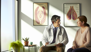 Un médico hispano de mediana edad, con bata blanca y estetoscopio, explica atentamente un gráfico médico a una paciente hispana de unos 40 años en una sala de consulta hospitalaria. La paciente, vestida de manera casual, escucha con interés y preocupación. Detrás de ellos, un póster anatómico detalla el tejido adiposo humano, destacando áreas donde pueden desarrollarse liposarcomas. La escena refleja un ambiente profesional y compasivo, subrayando la importancia de discutir el pronóstico médico.