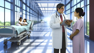 Un grupo diverso de profesionales de la salud en un hospital moderno. En primer plano, un médico hispano de unos 40 años explica un gráfico médico a una doctora hispana de unos 30 años. Al fondo, una paciente pediátrica hispana sonríe desde su cama de hospital, acompañada por un familiar. La imagen transmite un ambiente de esperanza y colaboración en el tratamiento del rabdomiosarcoma.