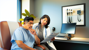 Un hombre hispano de mediana edad en una consulta médica, revisando un gráfico médico con una doctora hispana que le explica con calma. La escena refleja una relación médico-paciente de apoyo, relevante para el tema del carcinoma de células de Merkel.
