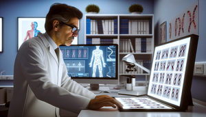 Un médico hispano de unos 40 años, con bata blanca y gafas, examina imágenes de cariotipos cromosómicos en un laboratorio médico moderno. Al fondo, se observan estantes con libros médicos y una pantalla de computadora mostrando un modelo 3D de ADN. La imagen transmite un ambiente de investigación avanzada sobre leucemia mieloide aguda, enfocándose en factores citogenéticos y moleculares.