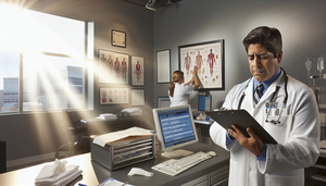 Modern and well-organized medical office featuring a Hispanic doctor in his 40s carefully reviewing a medical checklist on a clipboard, symbolizing the standardization and optimization of consultations. In the background, a Hispanic nurse organizes medical supplies, highlighting efficiency in the clinical environment. The integration of technology is evident with a computer displaying a digital checklist interface, emphasizing the importance of care protocols in enhancing patient care.