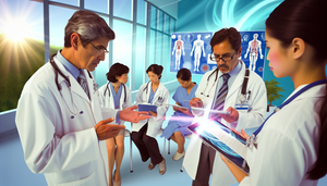 Un grupo diverso de profesionales de la salud en una oficina médica moderna discute colaborativamente sobre la referencia de un paciente. Un médico hispano de unos 40 años señala información en una tableta digital, mientras una doctora asiática toma notas. Al fondo, un especialista caucásico revisa un expediente médico. La escena resalta la importancia de la comunicación y el trabajo en equipo en la atención al paciente.