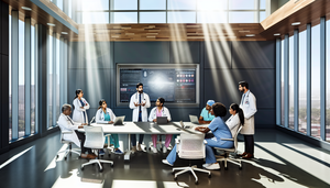 Un grupo diverso de profesionales de la salud, incluidos médicos y enfermeras, se reúne alrededor de una mesa de conferencias en un hospital moderno. Están en una discusión colaborativa con gráficos en una pantalla digital al fondo. La sala está bien iluminada con luz natural. En la mesa hay laptops y tabletas, reflejando un enfoque en datos y tecnología, simbolizando proyectos de mejora de calidad en la práctica clínica.