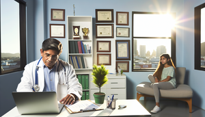 Un médico hispano de mediana edad, con expresión reflexiva, revisa un expediente médico en un consultorio moderno y bien iluminado. Lleva una bata blanca y un estetoscopio. En el fondo, una mujer hispana joven observa tranquilamente por la ventana. La escena transmite profesionalismo y confianza, adecuada para discutir temas como psicosis inducida por sustancias y esquizofrenia.