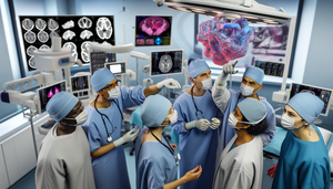 Sala de operaciones moderna con un equipo de cirujanos hispanos utilizando una pantalla holográfica 3D para visualizar un tumor, destacando la tecnología avanzada en la delineación de márgenes y el diagnóstico quirúrgico.