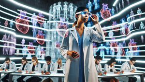 Una joven doctora hispana con bata blanca y gafas inteligentes interactúa con un holograma 3D de un cuerpo humano en una sala de entrenamiento médico moderna. Alrededor, estudiantes de medicina observan y toman notas en tabletas digitales, destacando el uso de realidad aumentada para la educación médica y el diagnóstico.