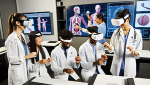 Estudiantes de medicina diversos, con batas blancas y visores de realidad virtual, participan en una simulación clínica en un aula moderna. Una instructora guía la actividad, señalando un modelo 3D de un cuerpo humano en una pantalla digital. El entorno está equipado con tecnología avanzada, promoviendo un aprendizaje colaborativo y enfocado.