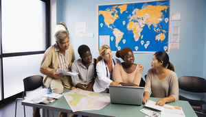 A diverse group of travelers consults a Hispanic doctor in a modern travel clinic. They are gathered around a table with maps and a laptop displaying a world map with highlighted geographical regions. A poster on the wall illustrates endemic diseases. The scene emphasizes the importance of understanding travel-related illnesses such as dengue and chikungunya for accurate differential diagnosis and safe travel.