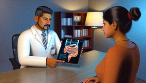 Consulta médica entre un doctor hispano de mediana edad y una paciente hispana, donde el doctor explica el sistema digestivo en una tablet, destacando el esófago y el estómago, en el contexto de un diagnóstico diferencial entre reflujo gastroesofágico y úlcera péptica. La paciente escucha atentamente, reflejando un ambiente de confianza y profesionalismo.