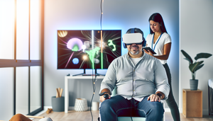 Un hombre hispano de mediana edad utiliza un casco de realidad virtual en una clínica de rehabilitación neurológica, participando en ejercicios cognitivos. Una terapeuta hispana joven lo observa mientras monitorea su progreso en una tablet. La sala es moderna y luminosa, con un ambiente sereno.
