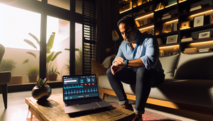 Hombre hispano de mediana edad en una sala moderna, observando su reloj inteligente que muestra un gráfico de ECG. En la mesa, una laptop abierta con un tablero de salud detallado. Ambiente tecnológico y tranquilo, destacando la monitorización continua de signos vitales.