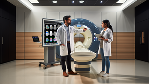 Modern radiology room featuring an advanced magnetic resonance imaging (MRI) machine. A Hispanic radiologist in a white coat and glasses points to a screen displaying a brain MRI image with automatic segmentation overlays. Next to him, a colleague holds a tablet with AI medical algorithms data. Both are engaged in a focused discussion, highlighting the integration of AI in MRI for enhanced image interpretation in medical diagnostics.