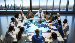 Un grupo diverso de profesionales de la salud, incluidos médicos y enfermeros, se encuentra reunido en una sala de conferencias moderna, discutiendo estrategias de respuesta a brotes epidémicos. En una pantalla digital se muestra un mapa mundial con áreas destacadas por brotes. La escena refleja un esfuerzo colaborativo y determinado para la contención de epidemias.
