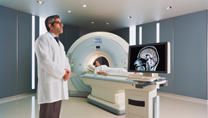 Sala de imagenología médica moderna con un RMN funcional avanzado. Un neurólogo hispano de unos 40 años examina un mapa cerebral digital en un monitor de alta resolución, mostrando actividad cerebral en diferentes regiones. Al fondo, una paciente hispana de unos 30 años está dentro del RMN, luciendo tranquila. La imagen destaca la tecnología avanzada y la precisión en el diagnóstico neurológico temprano.