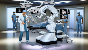Un quirófano moderno con un sistema quirúrgico robótico avanzado utilizado para cirugía laparoscópica. Un equipo de cirujanos, liderado por un cirujano hispano de unos 40 años, maneja los brazos robóticos con precisión. Monitores de alta tecnología muestran imágenes en tiempo real del procedimiento, mientras una enfermera hispana asiste en el fondo. La escena refleja innovación y precisión en la medicina moderna.