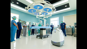 Sala de cirugía moderna con un robot autónomo de desinfección en acción, de diseño futurista con superficies blancas y luces LED azules. Un equipo diverso de cirujanos y enfermeras observa el robot, destacando la integración de la robótica en la reducción de infecciones en entornos quirúrgicos.
