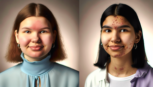 Fotografía comparativa de dos mujeres jóvenes con diferentes condiciones de la piel. A la izquierda, una mujer con rosácea, mostrando enrojecimiento y vasos sanguíneos visibles en mejillas y nariz. A la derecha, una mujer con acné, con algunas pápulas inflamadas y puntos negros en la frente y el mentón. Ambas sonríen suavemente, destacando las diferencias en textura y tono de piel.