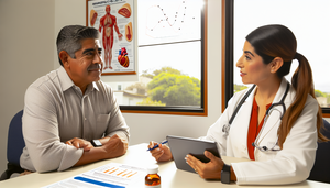 Un hombre hispano de mediana edad en el consultorio de una doctora, escuchando atentamente mientras ella le explica el control de lípidos usando una tableta que muestra un gráfico de niveles de colesterol. En el escritorio hay folletos sobre manejo del colesterol y un frasco de rosuvastatina, destacando la comunicación médico-paciente en el tratamiento con estatinas potentes.