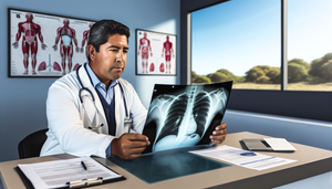 Un médico hispano de mediana edad, con bata blanca y estetoscopio, examina atentamente una radiografía de tórax en una sala de consulta médica. La radiografía muestra estructuras pulmonares claras con indicios de sarcoidosis y fibrosis pulmonar. En el escritorio, hay gráficos médicos y una computadora portátil con una imagen digital de pulmones. La atmósfera es profesional y enfocada.