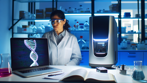 Científica hispana en laboratorio moderno, examinando una máquina de secuenciación genética avanzada. La pantalla muestra un patrón de hélice de ADN, simbolizando la innovación en medicina de precisión para el diagnóstico rápido de enfermedades raras.