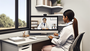 Consultorio médico moderno con una doctora hispana en sus 30s tomando notas durante una consulta online. En la pantalla, un doctor hispano de mediana edad escucha atentamente. La imagen refleja el concepto de segundas opiniones médicas y diagnóstico colaborativo en casos complejos a través de consultas online.