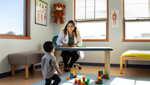 Welcoming pediatric office with natural light. A Hispanic pediatrician attentively observes a young child playing with building blocks, while his mother smiles at him. The environment reflects care and early childhood development, ideal for identifying warning signs of developmental disorders and promoting early intervention in pediatric diagnosis.