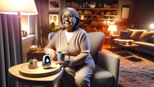 Mujer anciana hispana en su sala de estar, observando un moderno sensor de detección de caídas en una mesa cercana. La escena refleja un ambiente seguro y cómodo, con tecnología avanzada para mejorar la calidad de vida de los ancianos.