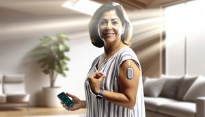 Mujer hispana de mediana edad en una sala de estar moderna, sonriendo mientras observa un sensor de glucosa no invasivo en su brazo. Sostiene un smartphone que muestra un gráfico colorido de sus niveles de glucosa. La escena transmite comodidad y facilidad en el monitoreo continuo de la diabetes.