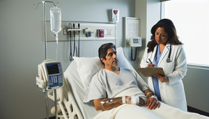 Paciente hispano de mediana edad en cama de hospital con suero intravenoso, atendido por doctora hispana revisando su historial médico. Ambiente clínico con equipo médico visible, ilustrando un entorno de observación y análisis médico.