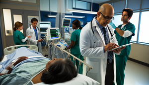 Sala de urgencias de un hospital moderno con un equipo diverso de profesionales de la salud. En primer plano, un médico hispano revisa atentamente el historial de un paciente en una tableta digital, mientras una enfermera de ascendencia africana verifica los signos vitales de una paciente conectada a un monitor cardíaco. Al fondo, dos médicos discuten un caso, reflejando un ambiente de trabajo en equipo y enfoque profesional en el reconocimiento temprano y manejo eficaz de la sepsis.
