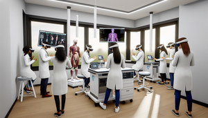 Un grupo diverso de estudiantes de medicina, incluidos individuos de ascendencia hispana, participan en una simulación clínica virtual usando cascos de realidad virtual en una sala de entrenamiento médico moderna. La sala está equipada con tecnología avanzada, incluyendo un modelo anatómico 3D en una computadora y una pantalla digital que muestra un escenario de paciente virtual. Los estudiantes interactúan con datos médicos holográficos, reflejando un ambiente de innovación en la educación médica.