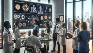Fotografía realista de un grupo diverso de médicos en un hospital moderno, centrados en una pantalla digital que muestra diagramas médicos sobre el síndrome de Alström. La imagen destaca la naturaleza multisistémica del síndrome, con énfasis en la obesidad infantil, sordera progresiva y cardiomiopatía. Los médicos discuten colaborativamente, subrayando la importancia de diferenciarlo del síndrome de Bardet-Biedl.